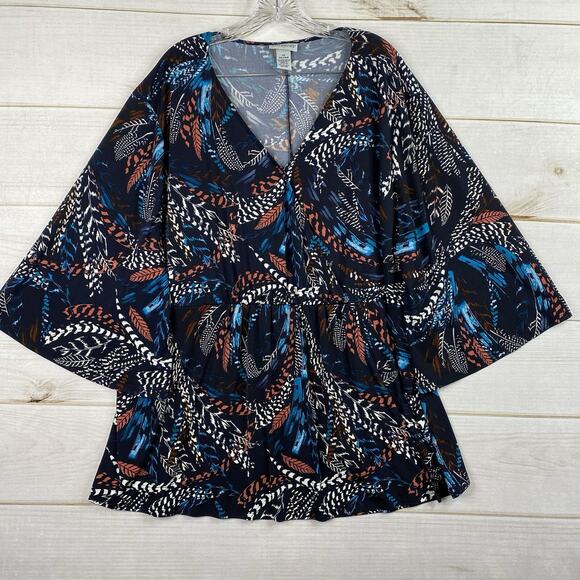 Catherines Top Womens 3X Southwestern Feathers Print Bell Sleeve Boho Stretch - Picture 1 of 9